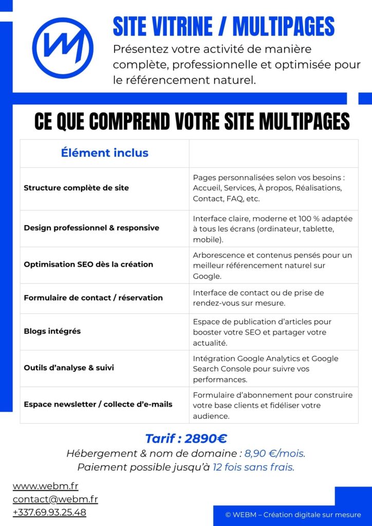 Aperçu du PDF de présentation de l’offre WEBM pour la création de site vitrine et multipages, avec design professionnel et optimisation SEO incluse.