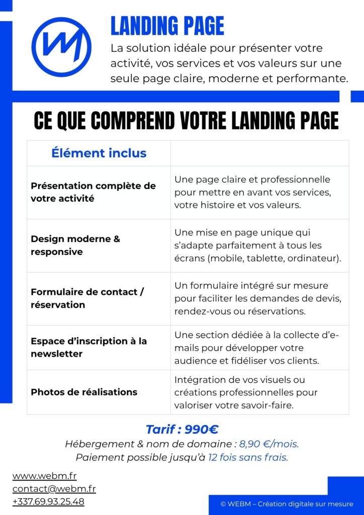 Aperçu du PDF de présentation de la Landing Page WEBM – création de site une page sur mesure pour indépendants, artisans et freelances.