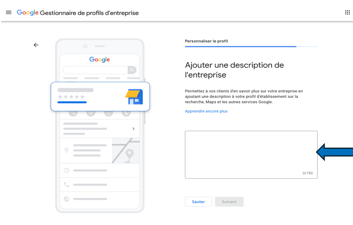 Rédaction d’une description optimisée SEO dans Google Business Profile.
