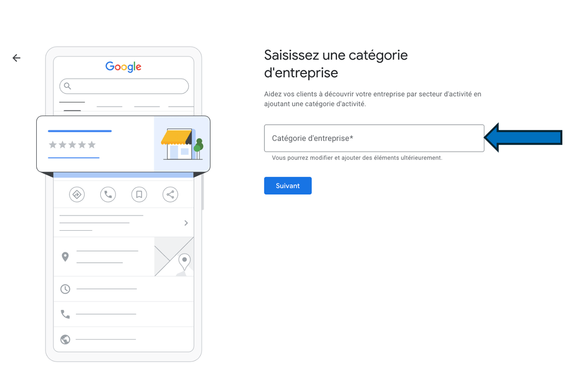 Sélection du type d’entreprise : commerce en ligne, magasin local ou entreprise de services.