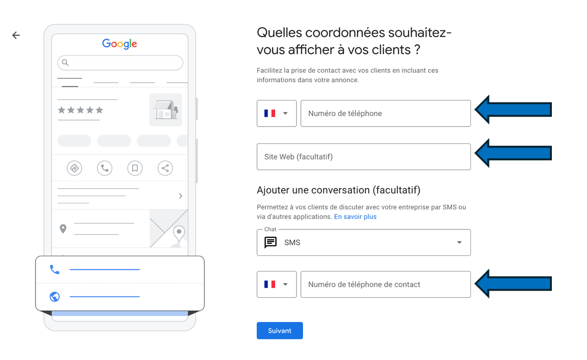 Formulaire Google Business Profile pour ajouter numéro de téléphone et site internet.