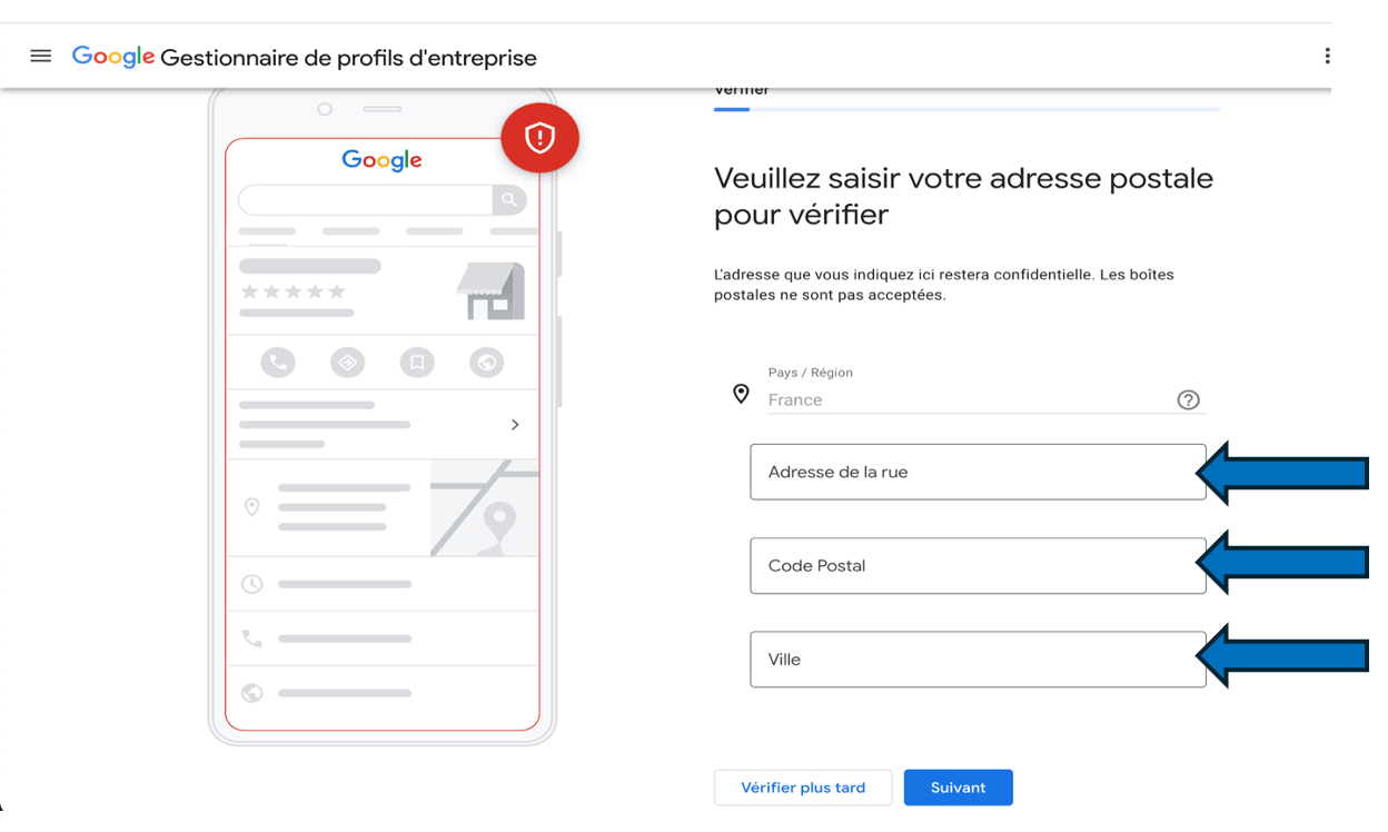 Saisie de l’adresse postale dans Google Business Profile pour localiser l’entreprise sur Google Maps.