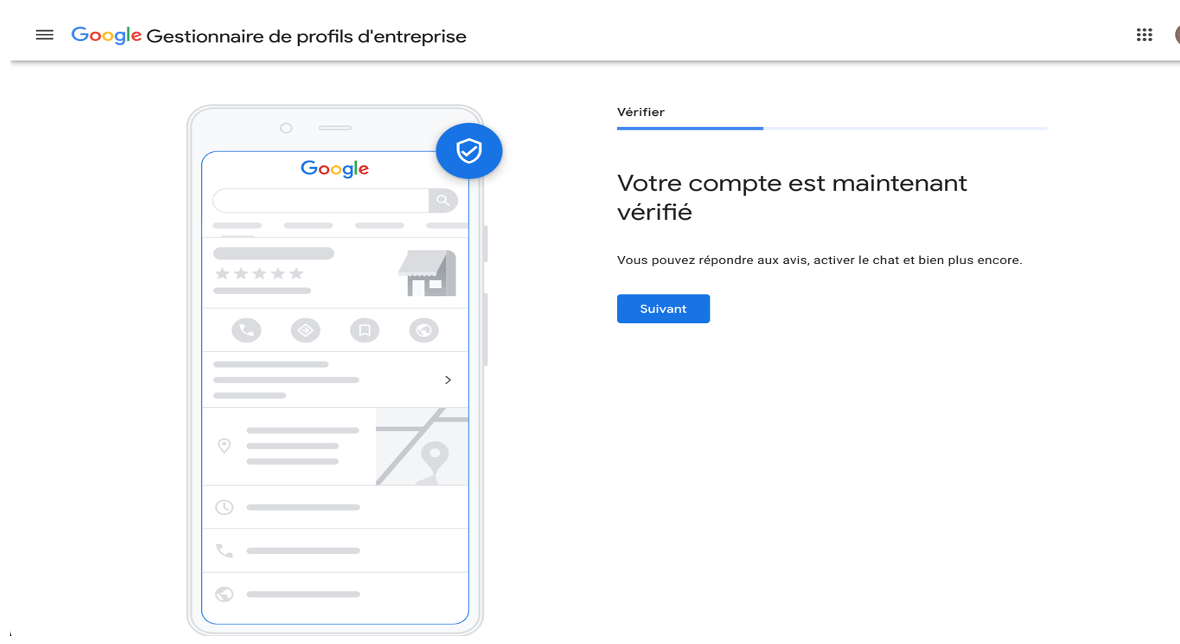 Confirmation de validation du compte Google Business Profile.