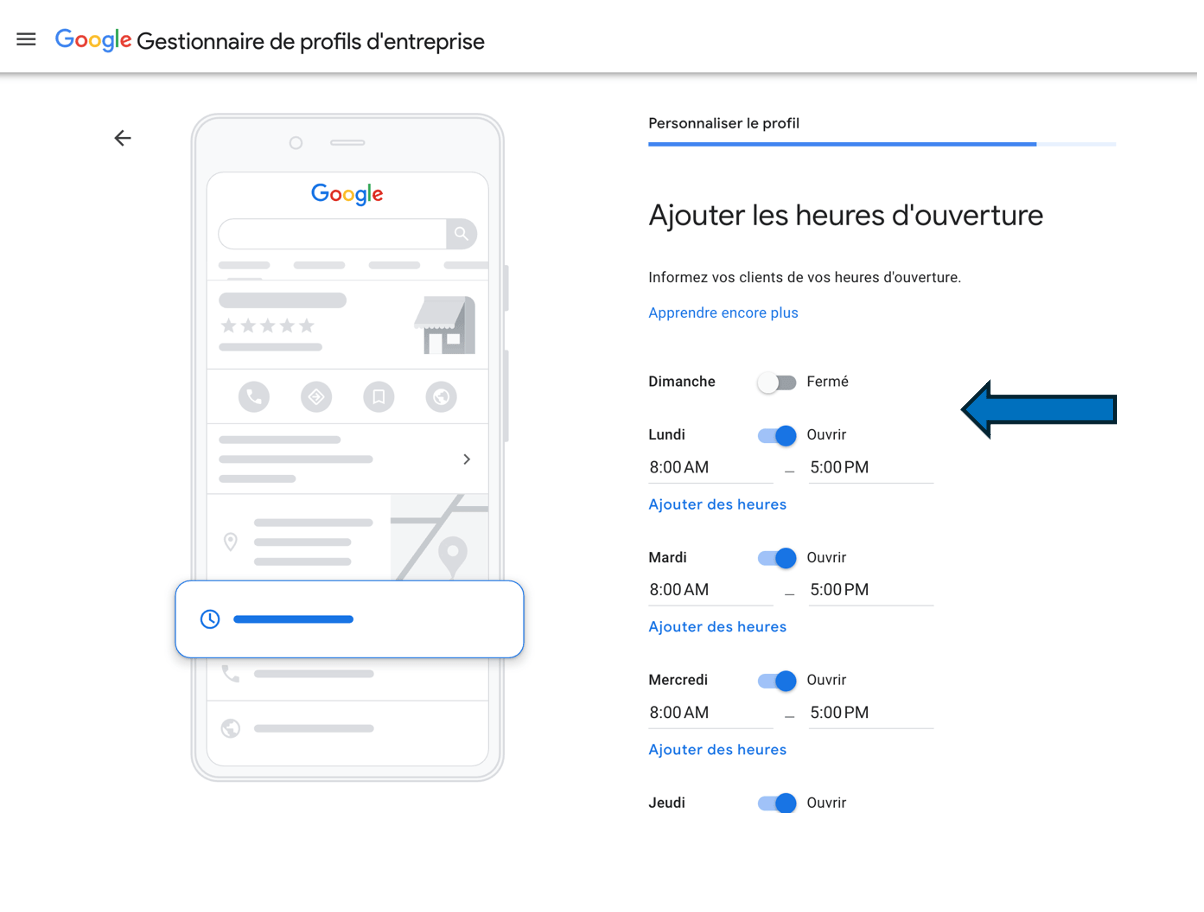 Paramétrage des heures d’ouverture dans Google Business Profile.