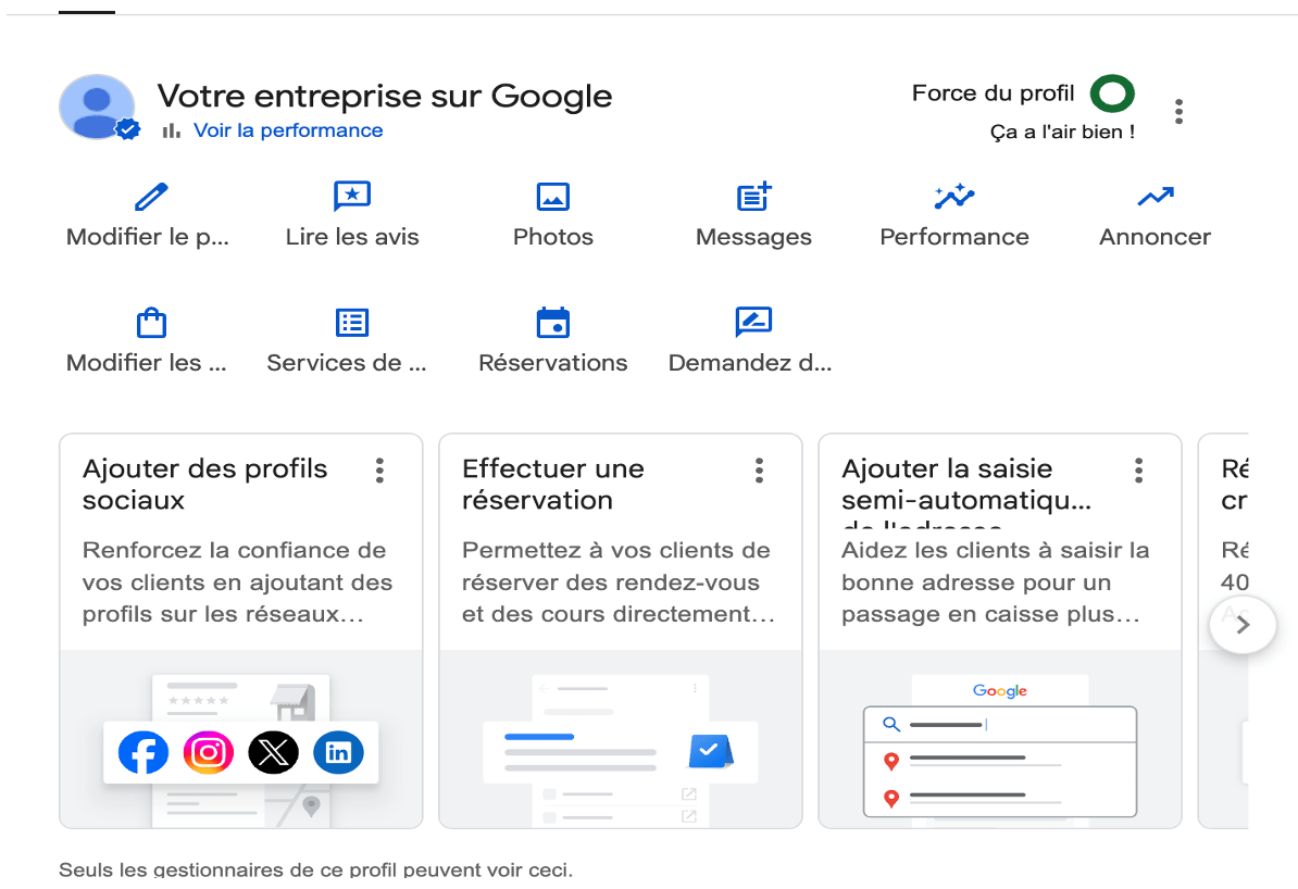 Dashboard Google Business Profile permettant de gérer avis, photos et publications.